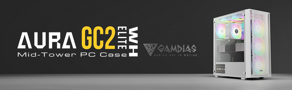 Корпус для ПК GAMDIAS AURA GC2 ELITE WH ARGB: Midi-Tower з 4 RGB-вентиляторами, сітчаста передня панель, скло, підтримка синхронізації материнської плати, чорний