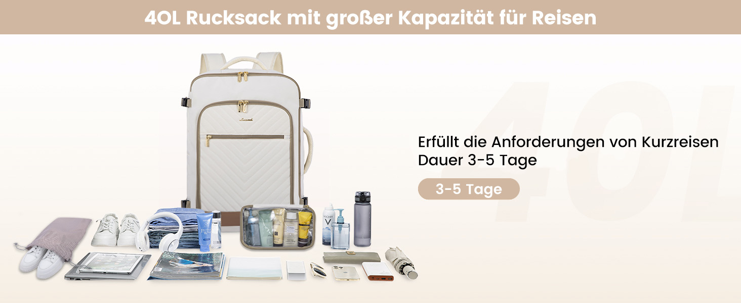 LOVEVOOK Рюкзак для ручної поклажі, 40L, жіночий, для подорожей, великий, водонепроникний, з відділенням для ноутбука 17 дюймів, валіза-рюкзак, для подорожей, роботи, бізнесу, білий, кофейний колір