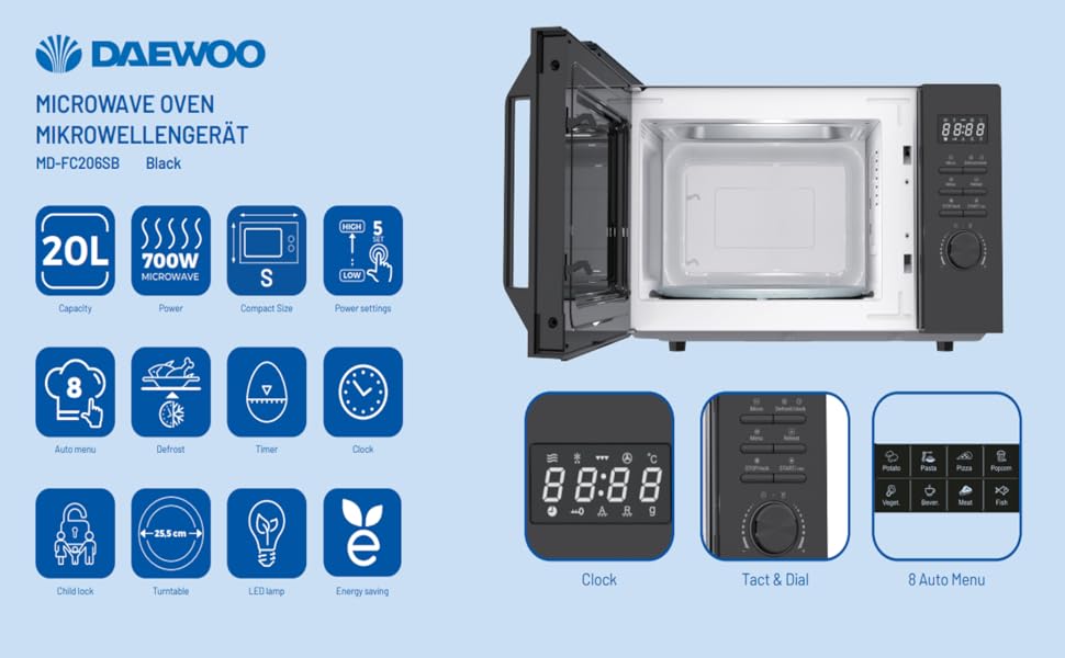 Мікрохвильова піч Daewoo MD-FC206SB 20L, 700W, чорний колір Solo