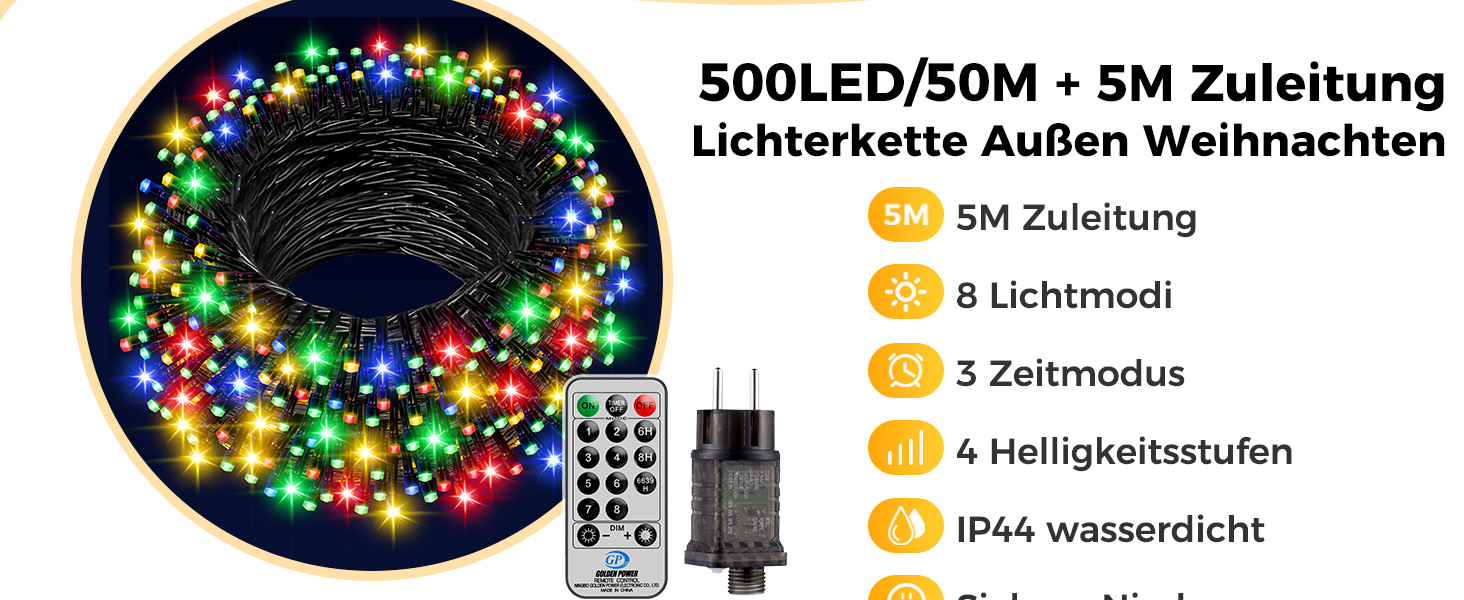 LED гірлянда для прикраси ялинки на вулиці та в приміщенні, 5 метрів, 150 LED, тепле біле світло, таймер, пульт, 8 режимів, для балкона, саду, вечірки