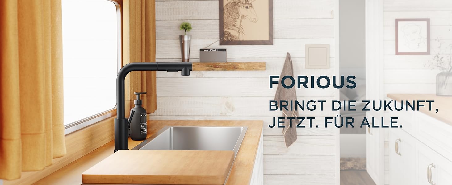 Змішувач для кухні FORIOUS висувний з душем, кухонний змішувач, L-подібний, 2 режими розпилення, поворотний 360°, матовий чорний