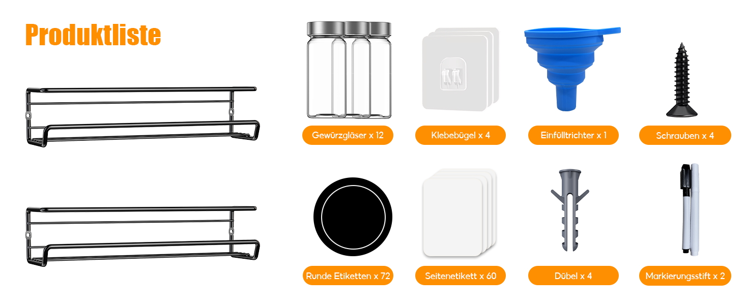 Спецівник для спецій з 24 скляних баночок та етикетками, без свердління, підвісний, для стін та шаф, органайзер для спецій, набір 4 шт. (24 баночки з нержавіючою сталлю)
