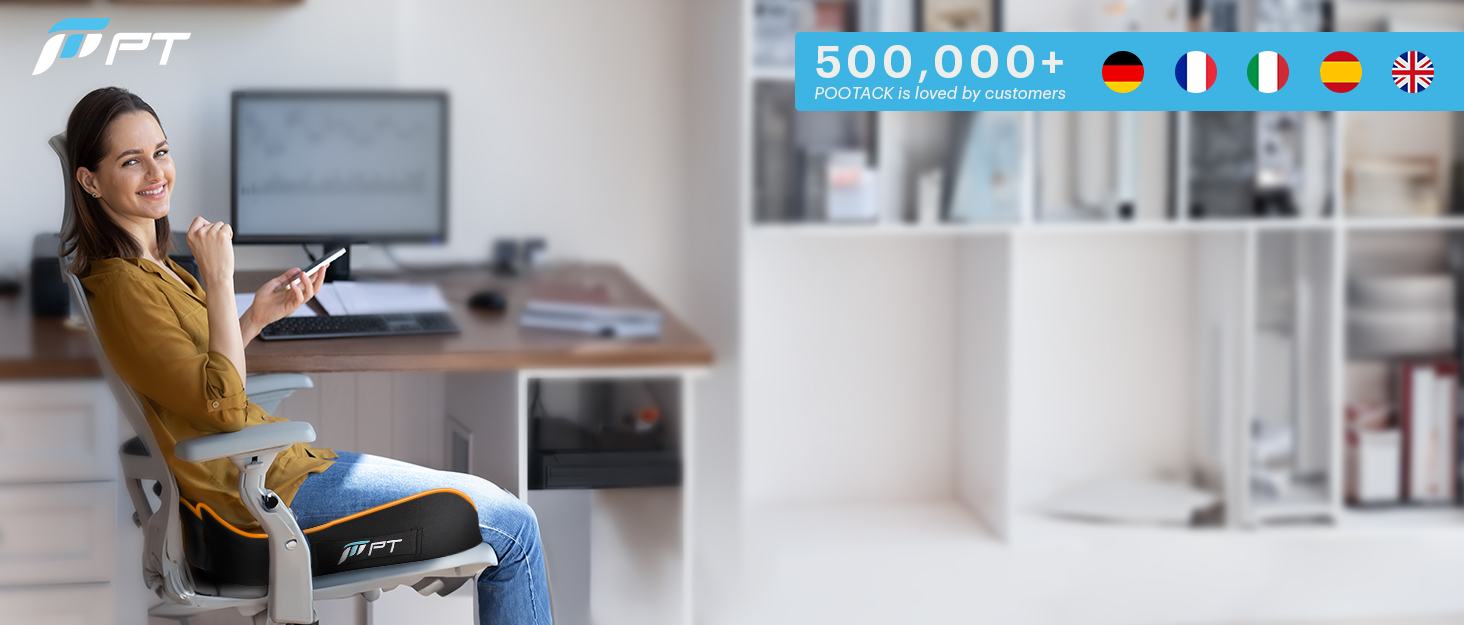 Подушка для сидіння PTYLO - ергономічна подушка для офісних крісел, автокрісел, інвалідних візків, геймінгових крісел, комфортна підтримка при тривалому сидінні, для вагітних, дихаюча, з антиковзаючим покриттям (Чорний)