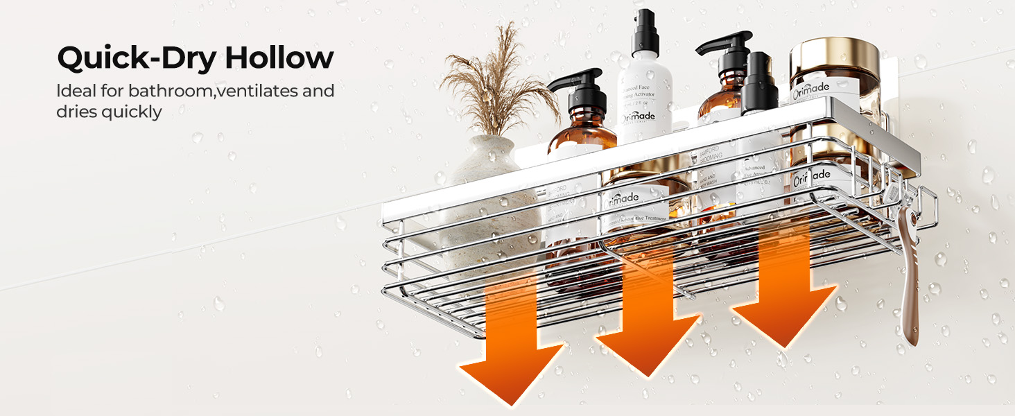 Полка для душу Orimade без свердління з 5 гачками, 2 шт. з нержавіючої сталі, срібло