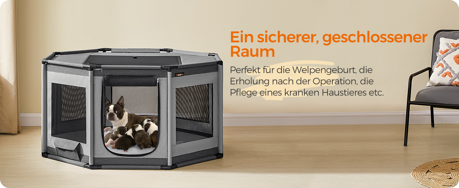 Клітка для цуценят Feandrea Oxford, восьмикутна, велика, 112 x 112 x 76 см, з PVC-каркасом, дихаюча сітка, з кишенею, сіро-сіра, PDC006G01