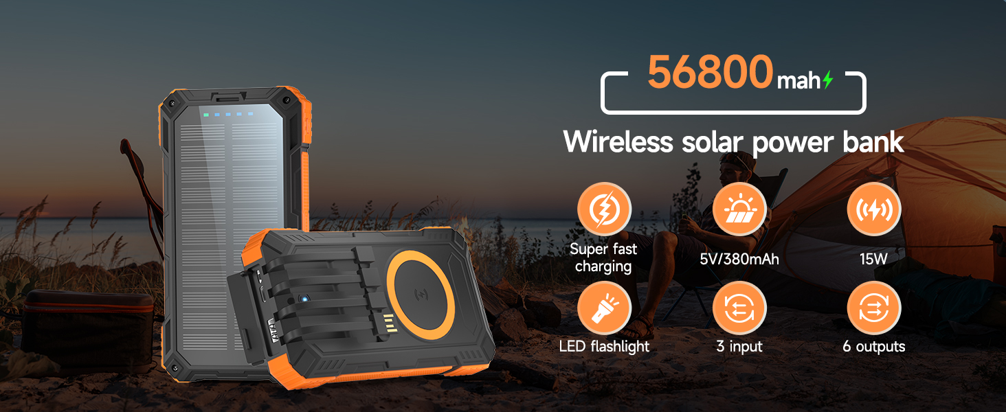 Портативний зарядний пристрій Solar Powerbank 56800 mAh з бездротовою зарядкою, 30W PD, 6 виходів, ліхтарик, велика ємність для кемпінгу та подорожей (Помаранчевий)