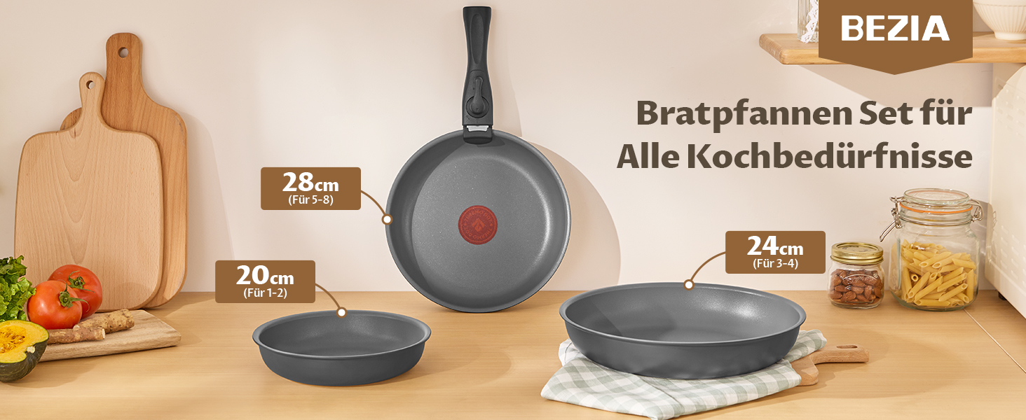 Набір сковорідок 4 шт. 20, 24, 28 см з термоіндикатором, знімні ручки, антипригарне покриття, підходить для всіх плит, можна використовувати в духовці