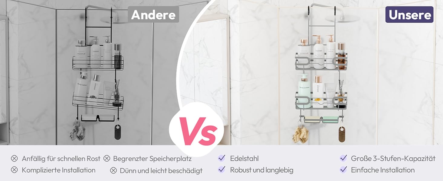 Настінна поличка для душу SWTYMIKI з нержавіючої сталі з 2 кошиками та 2 мильницями, 14 гачків, срібна