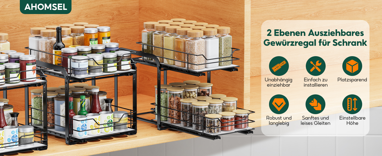 Висувна полиця для спецій на 2 яруси, регульована по висоті, органайзер для кухонної шафи, стояча полиця для спецій, висувна полиця для спецій з наклейками для кухні та робочої поверхні, L26*B23*H23cm (L26xB29xH23cm)