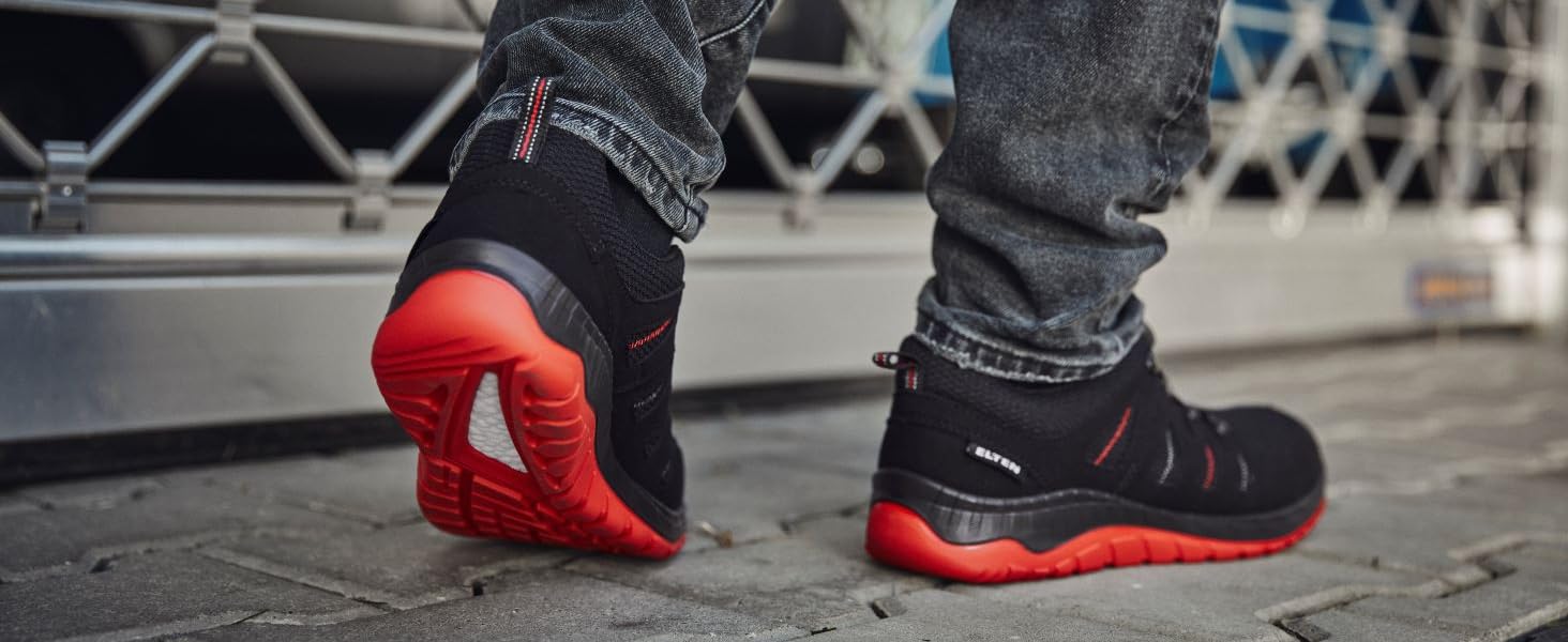 Робочі черевики ELTEN Maddox Black-red Low ESD S3S, чорно-червоні, текстиль, сталевий капок, легкі, спортивні, 46 EU (для жінок та чоловіків)