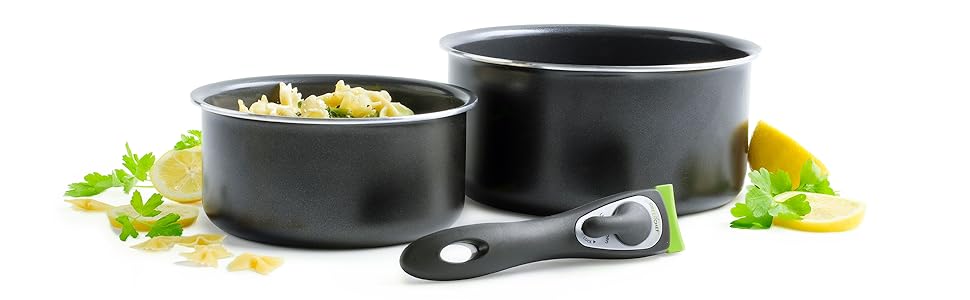 Набір каструль GreenChef ClickPan, 3 предмети, керамічне антипригарне покриття, PFAS-free, знімна ручка, для індукції, посудомийної машини, 16 см/1,6 л та 20 см/3,1 л, чорний, універсальний, компактний