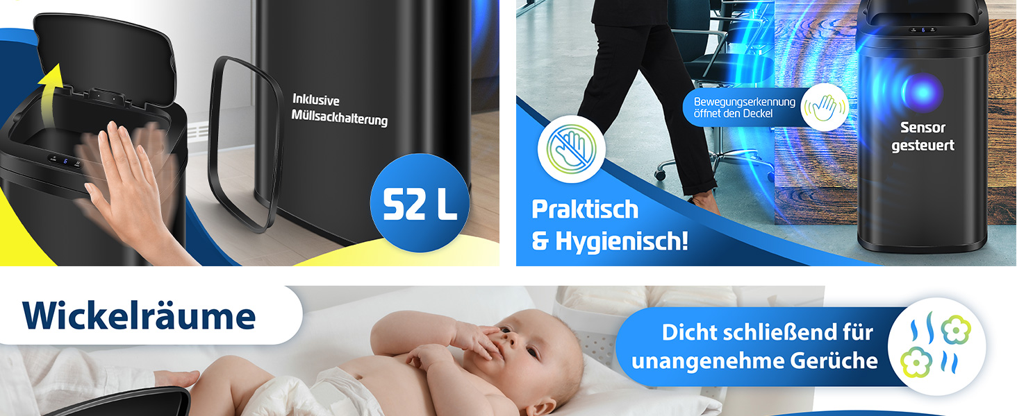 Відро для сміття KESSER® Sensor 40 л з автоматичним відкриванням, сенсором руху, м'яким закриванням кришки та LCD-дисплеєм. Нержавіюча сталь, з тримачем для мішка.