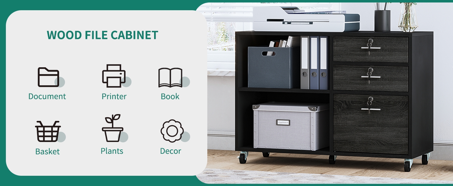 YITAHOME мобільна тумба з дерева для офісу, з замком, 3 шухляди, 2 відкриті полиці, сучасний дизайн, для документів, чорна і коричнева