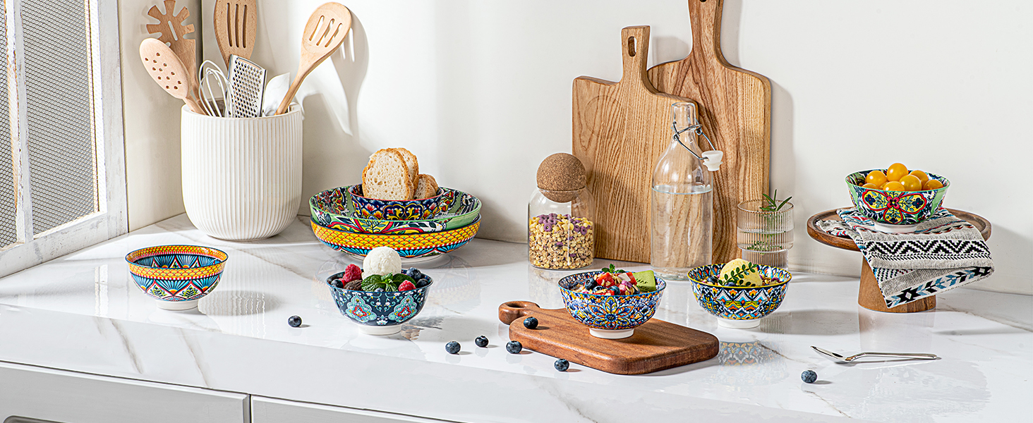 Набір керамічних мисок HENXFEN для мюслі, супу, салату та пасти (6 шт.) - богемний стиль