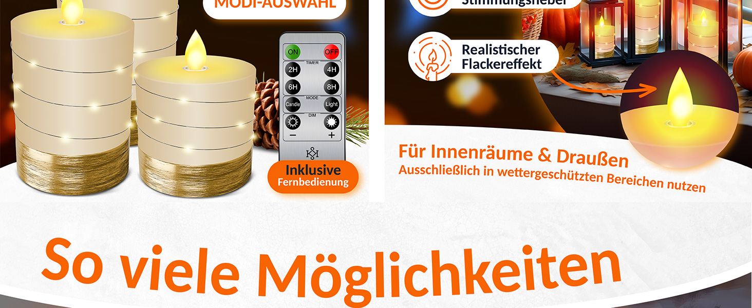 LED свічки KESSER, набір 3 шт., з таймером, з ефектом мерехтіння, фламінгові, з натурального воску, висота 10/12,5/15 см, для декору