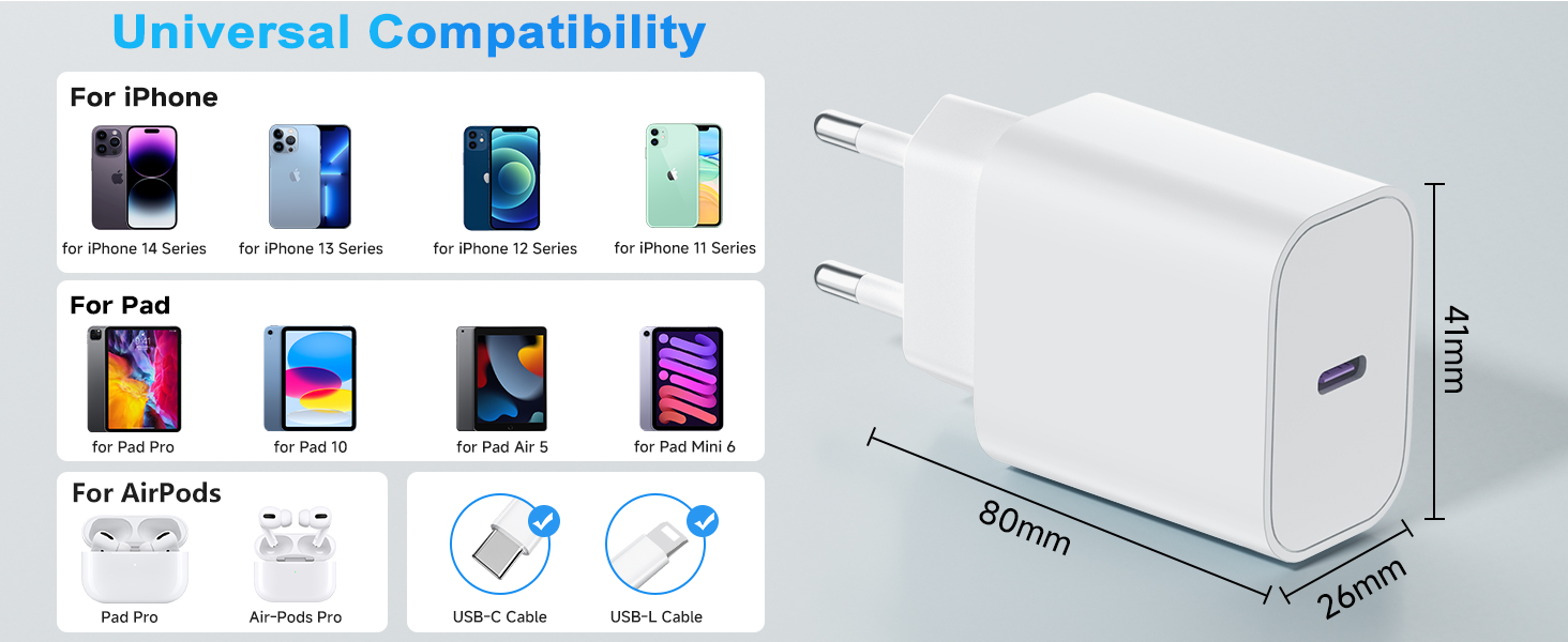 Зарядний пристрій 20W USB-C з кабелем Lightning для iPhone 14/13/12/11/X/XR/XS/Mini/SE - 2 шт, Швидка зарядка PD3.0, Білий
