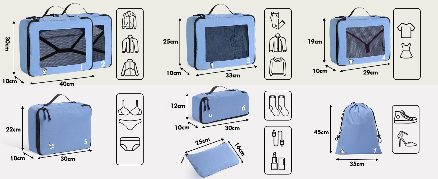 Органайзери для валізи, набір 8 шт. - Packing Cubes для подорожей, валізи та рюкзака (блакитний)