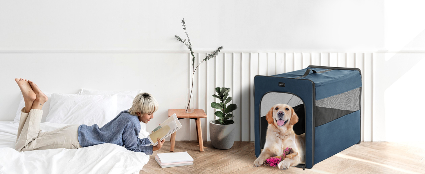 Транспортна переноска для собак Petsfit, складна, з м'якою підстилкою, синього кольору, розмір M (61x46x53.5 см)