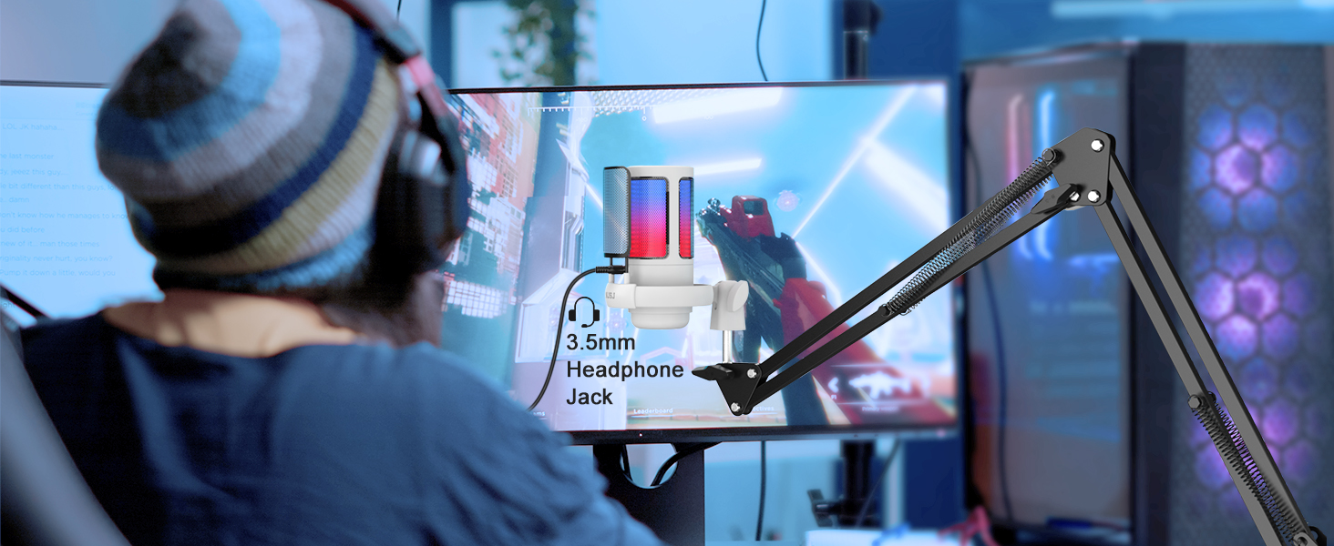 Мікрофон для ПК NJSJ Gaming з тримачем, USB для MAC PS4 PS5, з кнопкою вимкнення звуку, навушниками, поп-фільтром, конденсаторний кардіоїдний для подкастів та стрімінгу (білий)