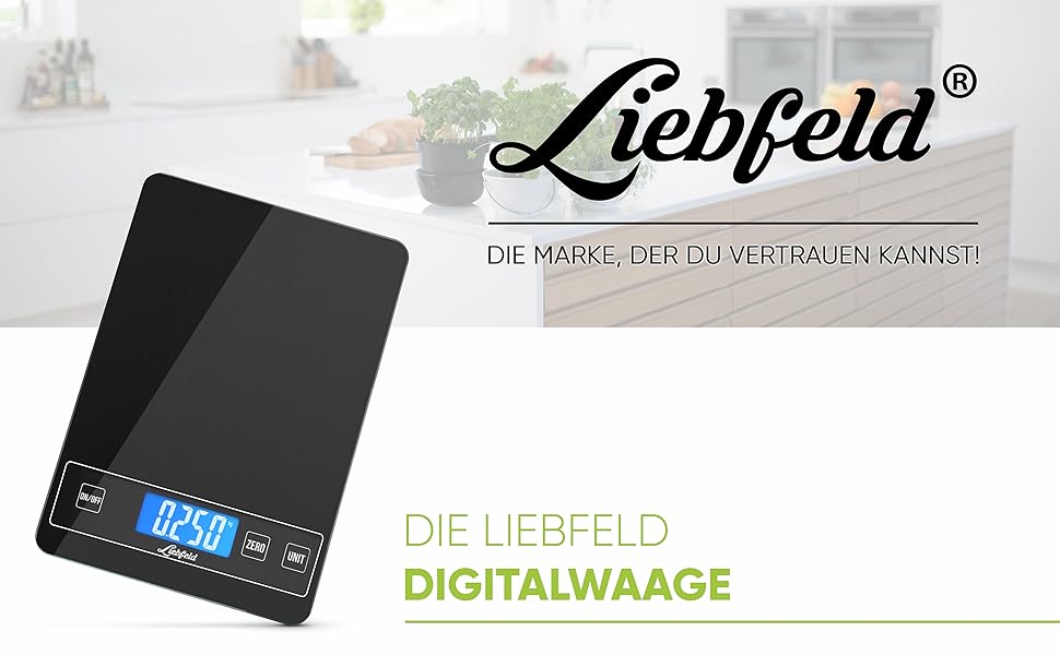 Кухонні ваги Liebfeld Digital: точна вага зі скла та металу, велика платформа (до 15 кг), підсвічуване дисплеї, 2 батарейки AA, чорний колір