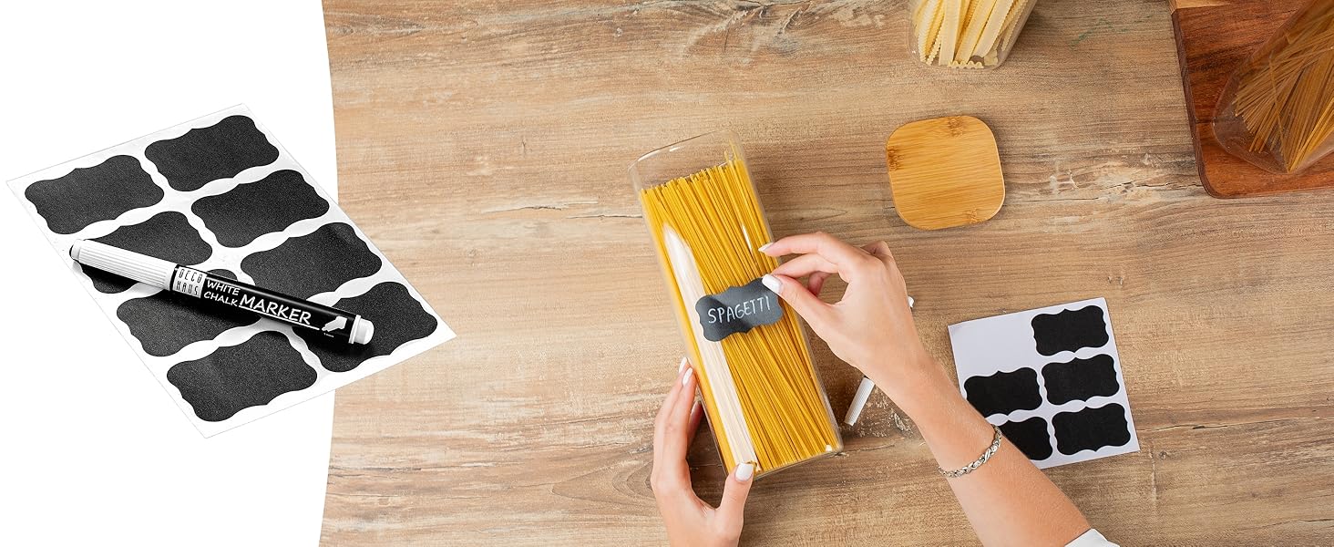 Набір квадратних банок для спецій Deco haus з дерев'яною кришкою, 12 шт, 280 мл, скляні герметичні ємності для спецій з етикетками, баночки для зберігання, набір 3 шт по 2300 мл для спагеті