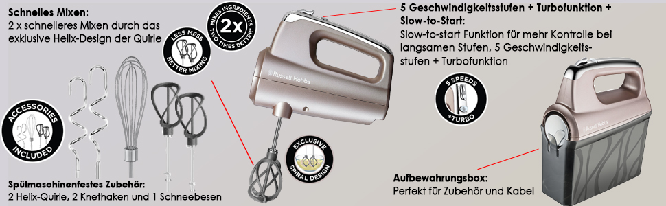 Міксер Russell Hobbs Swirl Quartz з кейсом для аксесуарів (4 швидкості + Turbo, 2 віночки з нейлону, 2 гачки для тіста) 25892-56