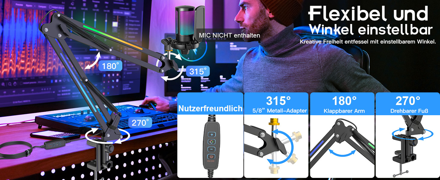 Кріплення для мікрофона ZealSound: регульований кронштейн для HyperX QuadCast/Blue Yeti та ручного мікрофона, з надійною підставкою та адаптером 3/8' - 5/8' – подарунок для геймерів та YouTube-блогерів