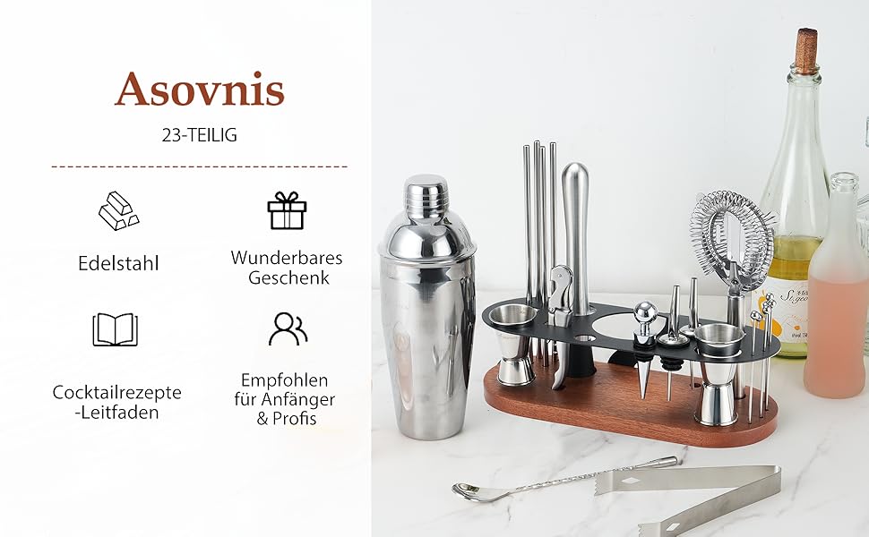 Набір бармена на 23 деталі з підставкою | Набір шейкерів для коктейлів з інструментами: шейкер Мартіні, сито, ложка, мадлер, для дому, бару, вечірки (колір коричневий)