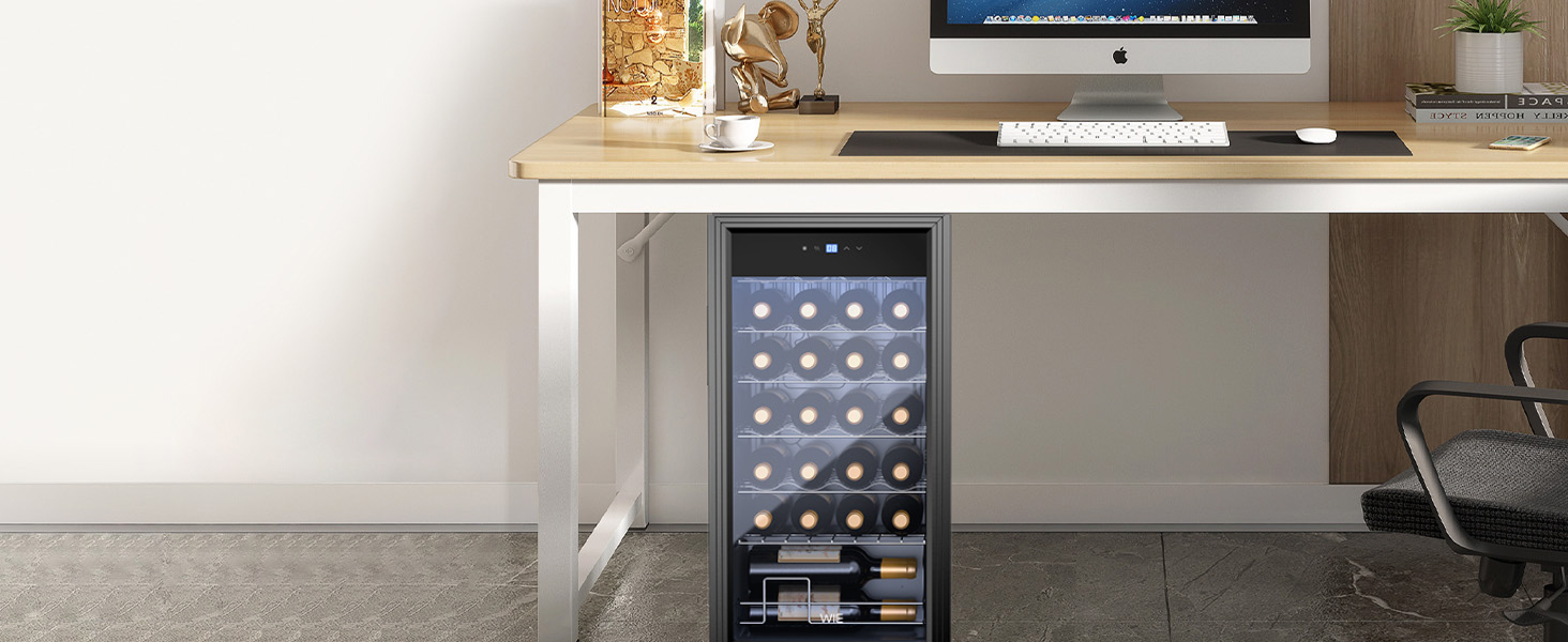 WIE 33 Liter Wine Fridge - 1 Zone Mini Wine Cooler with Glass Door & LED Touch Panel - Anti-UV Wine Storage for 28 Bottles