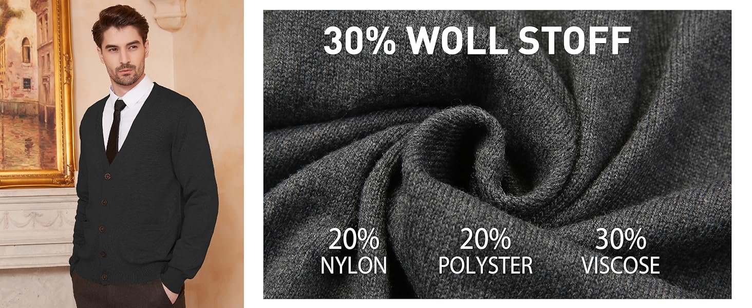 Чоловічий кардиган Kaspin з вовняної суміші, V-подібний виріз, ґудзики та кишені (колір кава, розмір S)