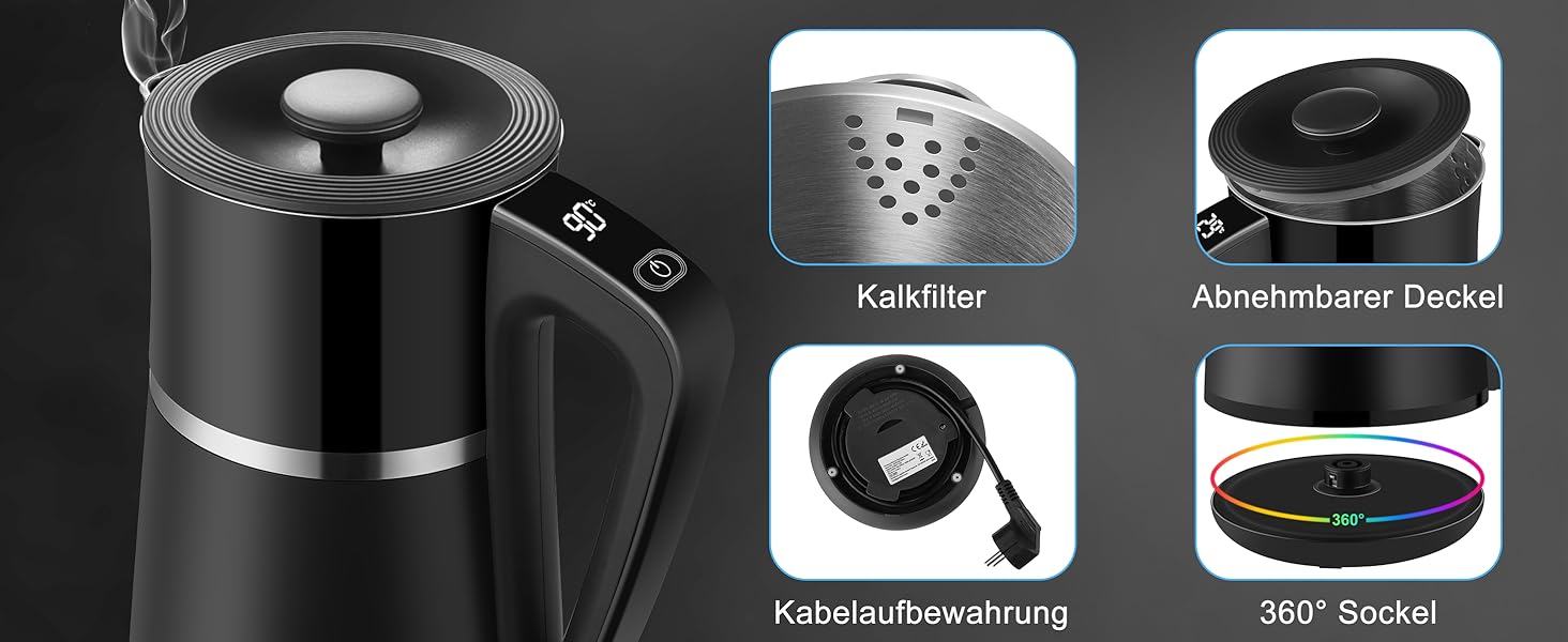 Електричний чайник WANNYTON з регулюванням температури 40-100°C, 1.7 л, 2200 Вт, чорний