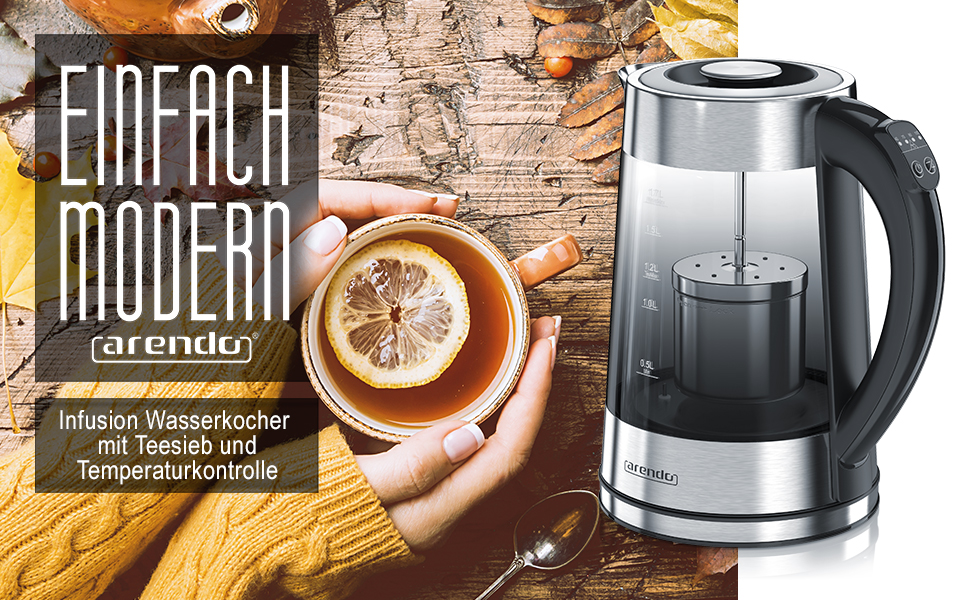 Скляний електрочайник Arendo з регулятором температури та ситом для чаю, 1.7 л, нержавіюча сталь, димчане скло