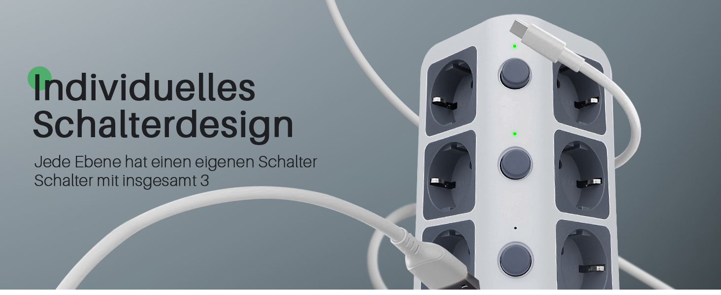 Блок розеток KOOSLA з USB-C, 12 розеток, 3680W/16A, захист від перенапруги 1500J, індивідуальне вмикання, 5м кабель, сірий