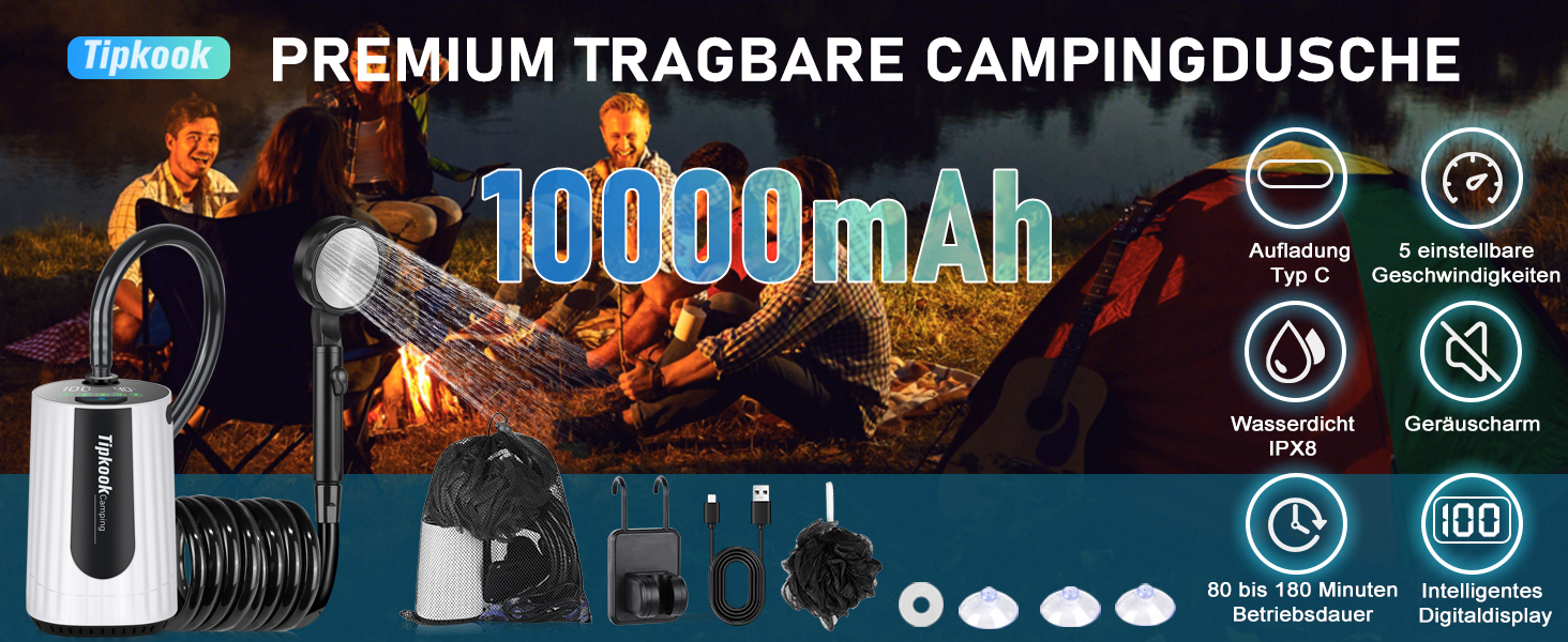 Набір для душу в кемпінг Tipkook з помпою, портативний, акумулятор 10000mAh, цифровий дисплей, душ, шланг, для відпочинку, подорожей, миття тварин, автомийки (білий)