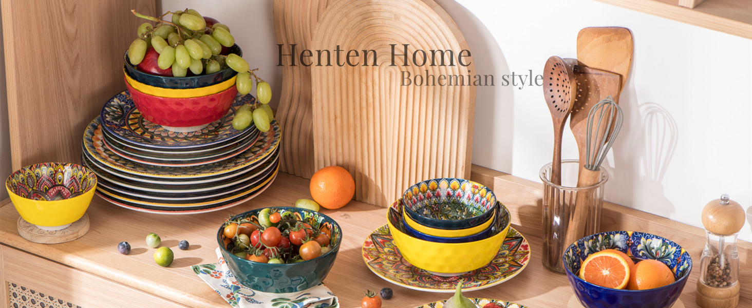 Набір великих обідніх тарілок Henten Home, 6 шт, порцелянові, круглі, з візерунком, кольорові, 26 см – плоскі керамічні тарілки для сервірування