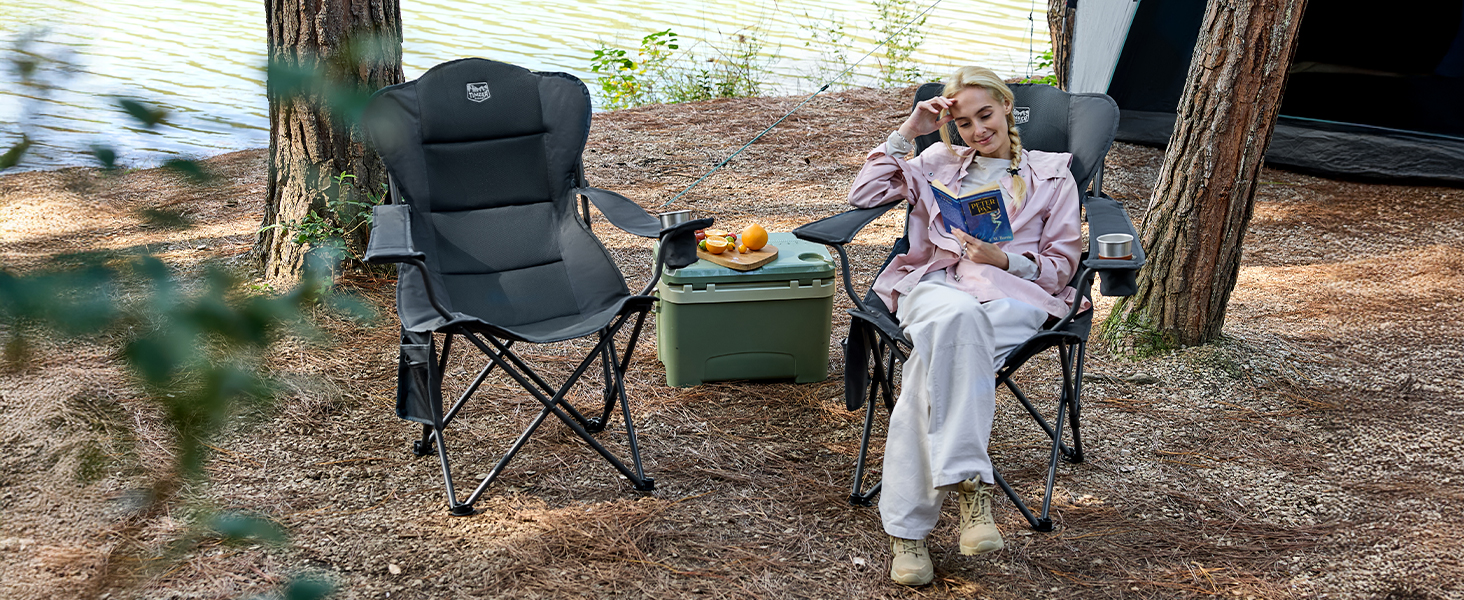 Кемпінговий стілець Timber Ridge складаний, до 180 кг, з регурованою спинкою (3 положення), підлокотниками, тримачем для напоїв та бічною кишенею, ширина сидіння 62 см