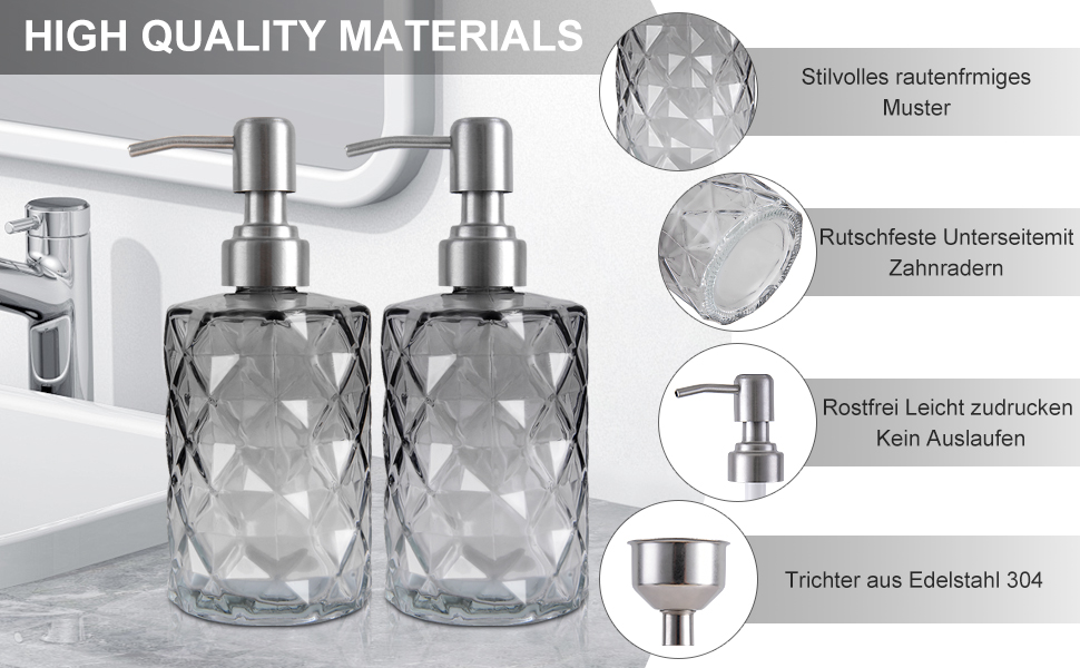 Дозатор мила скляний для ванної кімнати, наповнюваний помповий дозатор для кухні з нержавіючим тримачем, 2 підставки, 330 мл, вінтажний дозатор мила з матовим насосом (сірий)