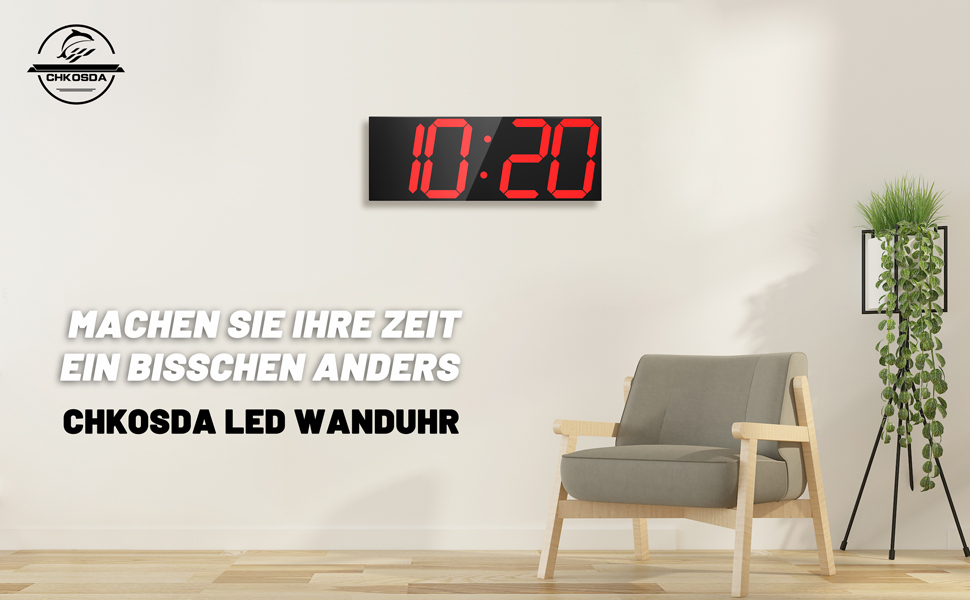 LED настінний годинник 18 дюймів, цифровий дисплей, червоний, багатофункціональний: таймер, 16 будильників, 8 рівнів яскравості, календар, термометр, 12/24 годин