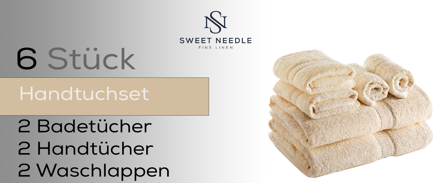 Набір рушників Sweet Needle 6 предметів (2 банні, 2 для рук, 2 для обличчя), бавовняні, гігроскопічні та швидкосохнучі, готельна якість, колір: кремовий