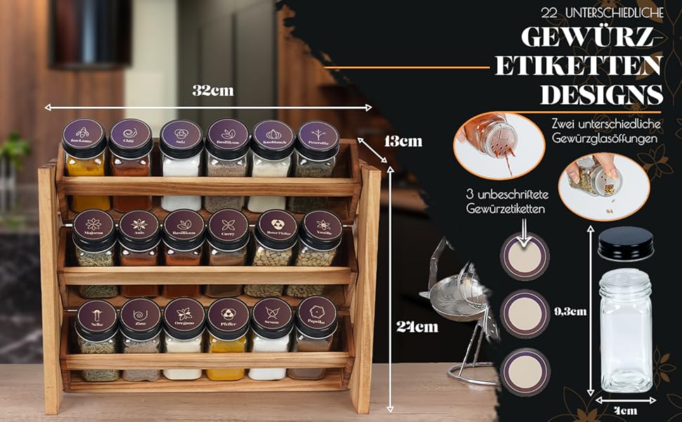 Elegant dark spice rack, wood standing & wall-mounted, 18 spice jars, 25 labels. Spice organizer, spice rack, kitchen shelf, wood, vintage. Spice rack - spice rack system hanging - spice storage (pine wood)