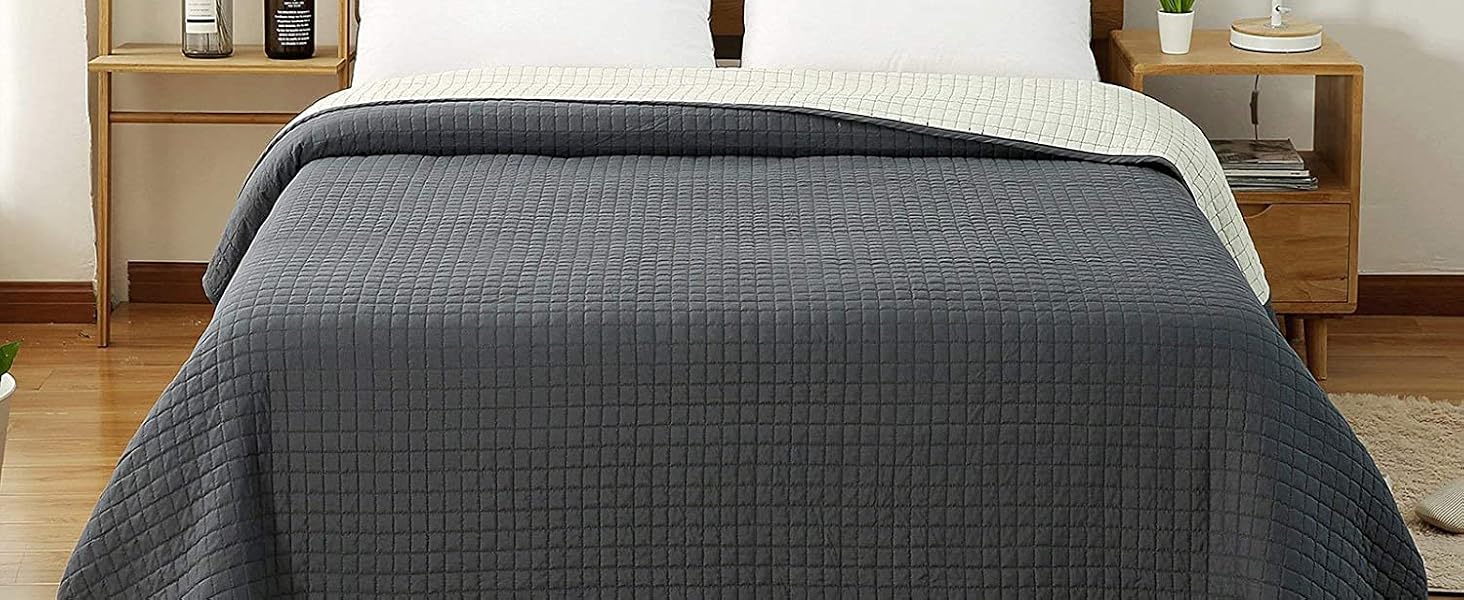 WOLTU Плед-плед для ліжка 170x210 см, стеганий плед з ефектом 2-в-1, Patchwork, перевернутий дизайн, в клітинку, сірий+світло-сірий, для двоспального ліжка