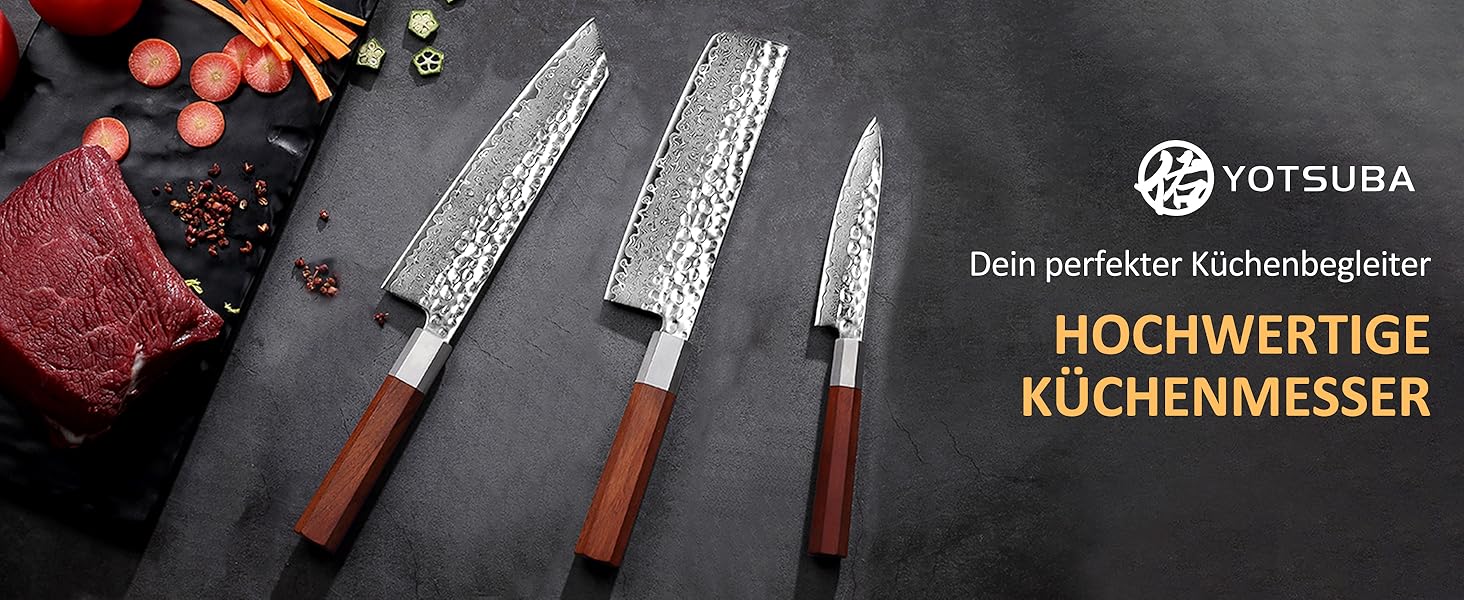 Кухонний ніж YOTSUBA Hackmesser 18 см, кухонний тесак з ергономічною ручкою Pakkawood, професійний ніж для м'яса та овочів, набір кухонних ножів 3 шт.
