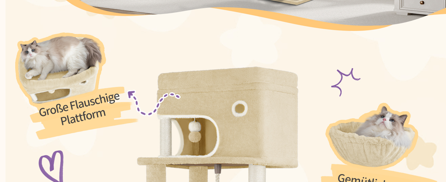 Кігтеточка для котів Hzuaneri XL (203 см) з платформою, печерами, колонами, гамаком та помпонами, бежева