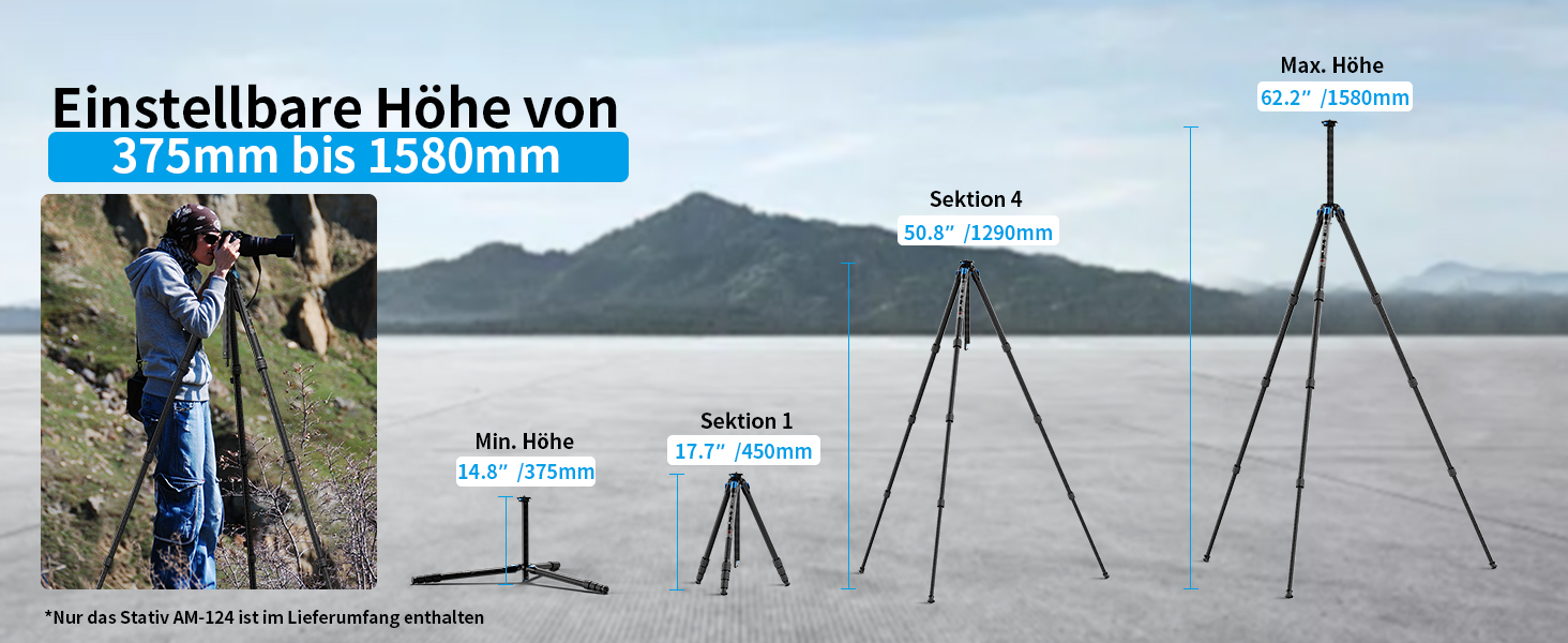 Штатив SIRUI AM124 з кульковою головкою AM01, карбоновий, для камери, легкий, туристичний, водонепроникний, 159 см, навантаження 12 кг