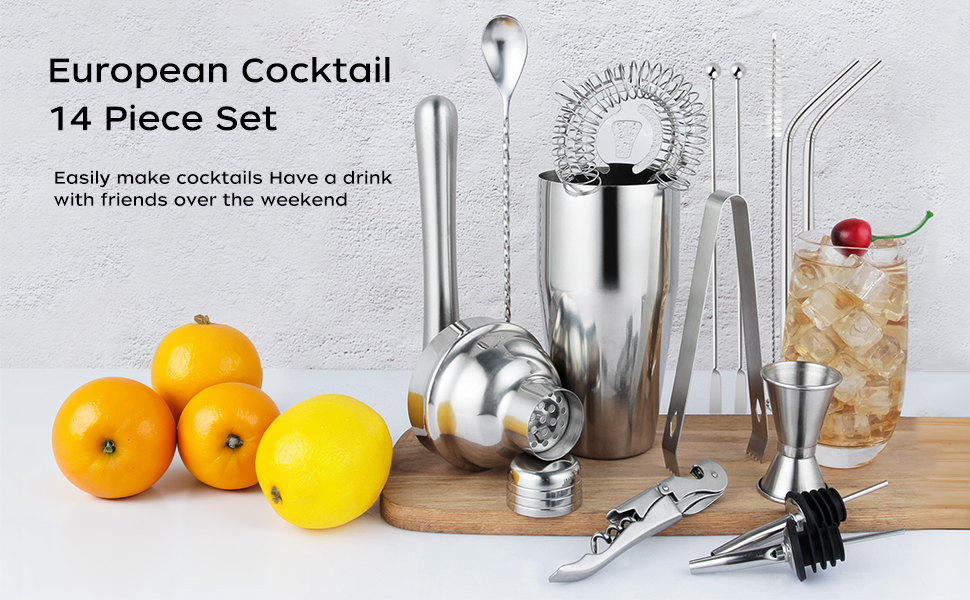 Набір бармена з нержавіючої сталі 14 предметів, 750 мл - професійний, для приготування коктейлів, барний інструмент, подарунок
