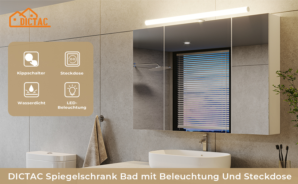 Дзеркальна шафа для ванної кімнати DICTAC з LED-підсвічуванням, розеткою та вимикачем (90x16x60 см), 3 дверцята, білий колір