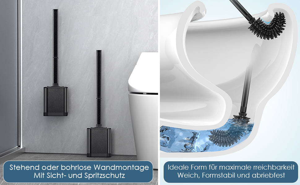 Силіконова щітка для унітазу Klobürste з нержавіючої сталі та контейнером, гнучка щітка для туалету, набір для кріплення на стіну без свердління, для ванної кімнати (чорний)