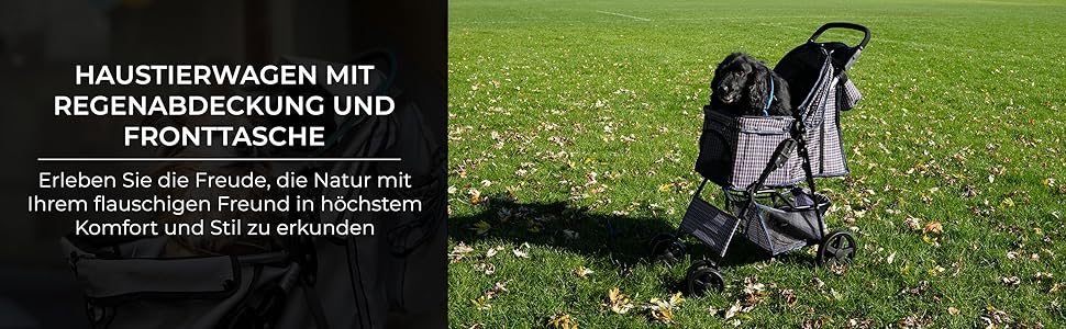 Візок для тварин Monster Shop з сумкою, знімний, синій тартан, складний, до 15 кг, колеса, гальма, сітка, кошик, тримач для напоїв, кишені, водонепроникний захист від дощу