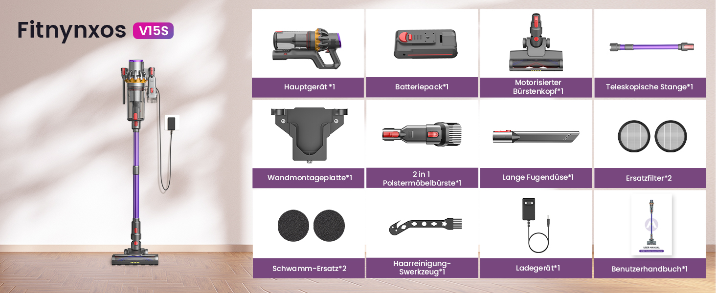 Бездротовий акумуляторний пилосос 45000 Па/580 Вт/70 хв, легкий, 6-в-1, з LED дисплеєм, станцією зарядки та насадкою проти спутання шерсті, для твердих поверхонь, килимів та шерсті тварин