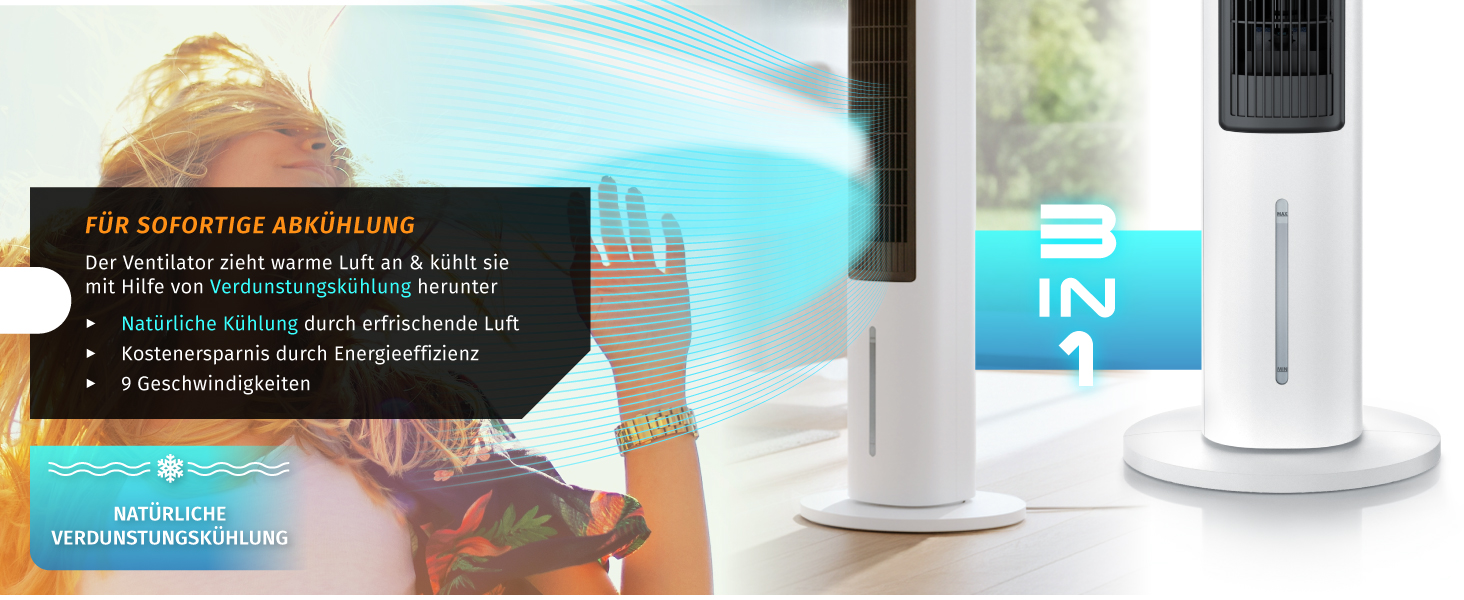 Вентилятор з водяним охолодженням Brandson ECO Design: тихий, 9 швидкостей, таймер, осциляція, іонізація, з пультом, білий